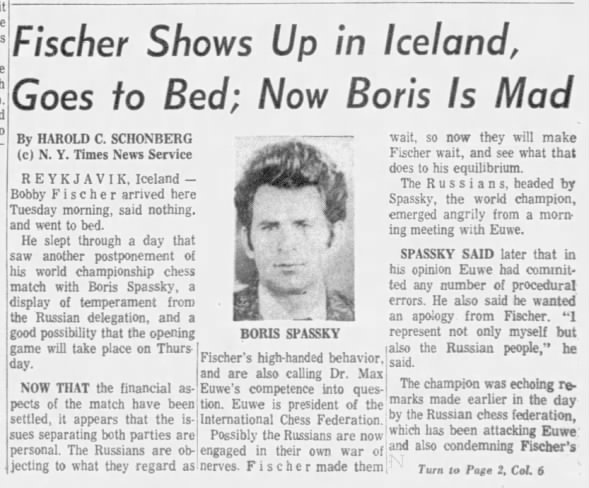 Fischer Shows Up In Iceland, Goes to Bed; Now Boris Is Mad