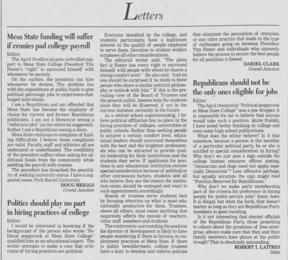 Daily Sentinel, 27 April, 2005, Letters to the editor roundly condemning Mesa State cronyism