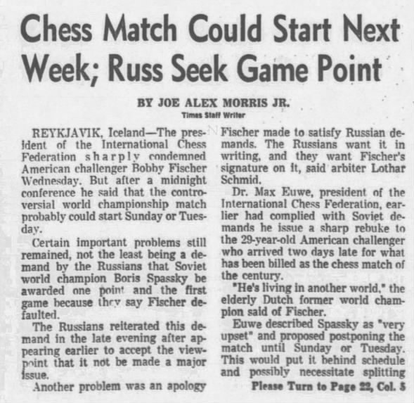 Chess Match Could Start Next Week; Russ Seek Game Point