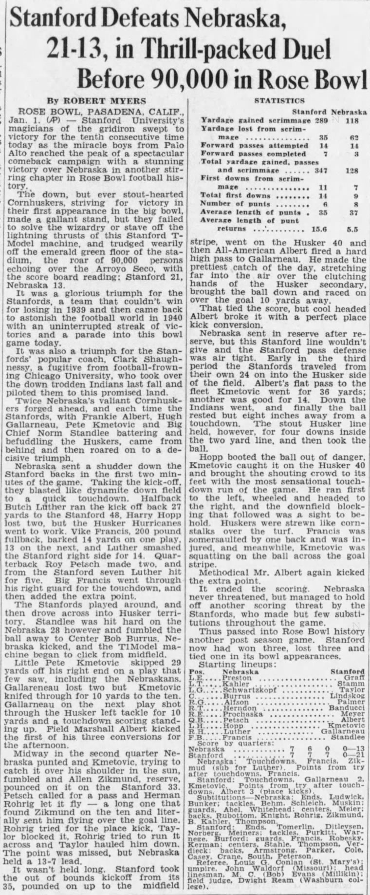 1941 Rose Bowl, AP story