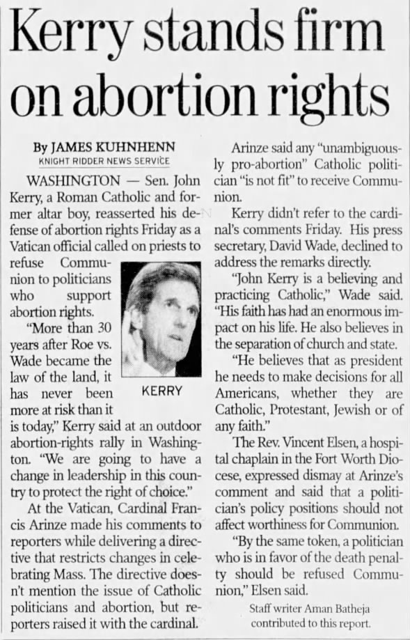 Kerry stands firm on abortion right