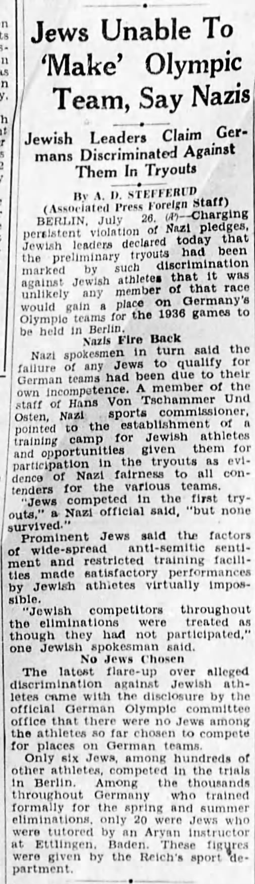 Jews Unable to 'Make' Olympic Team, Say Nazis