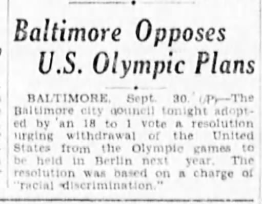 Baltimore Opposes U. S. Olympic Plans