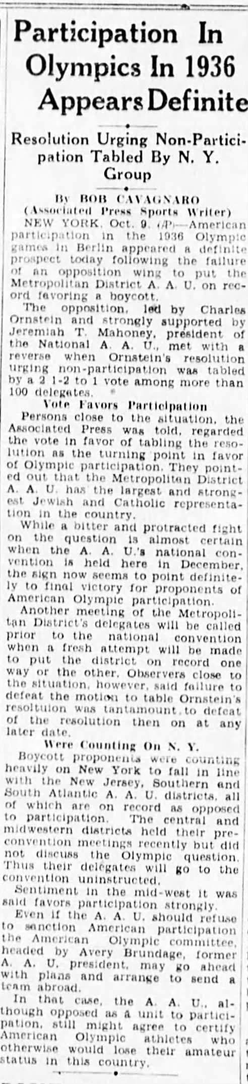 Participation In Olympics in 1936 Appears Definite