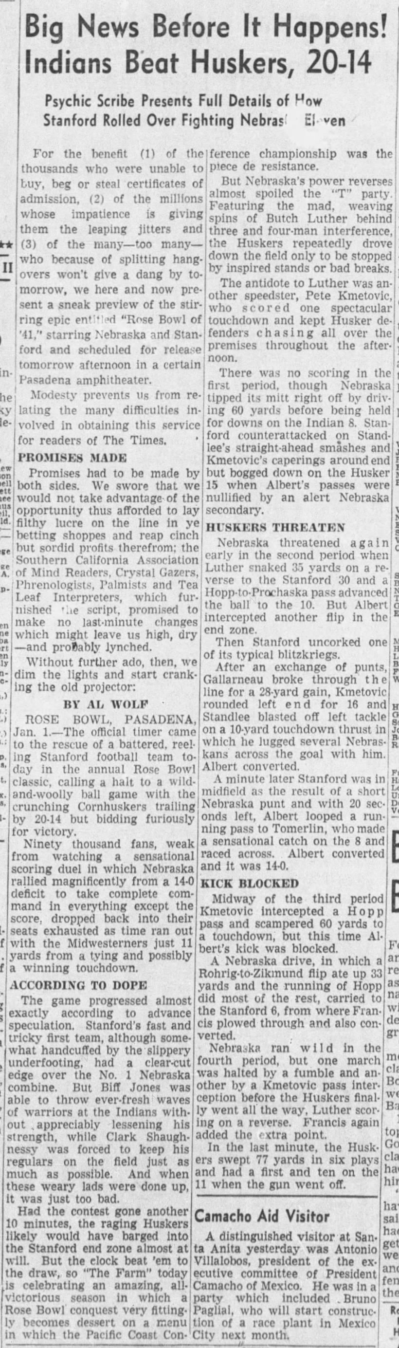 1941 Rose Bowl, Al Wolf prediction