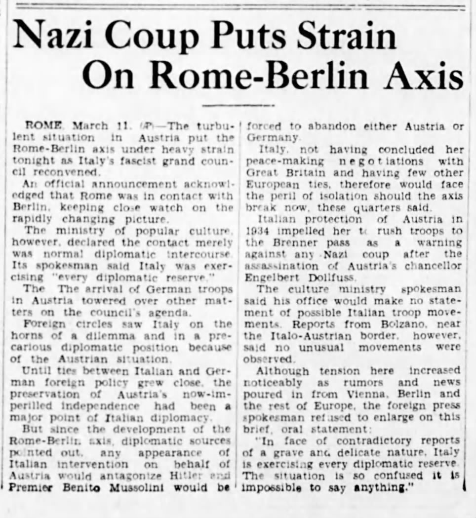 Nazi Coup Puts Strain On Rome-Berlin Axis