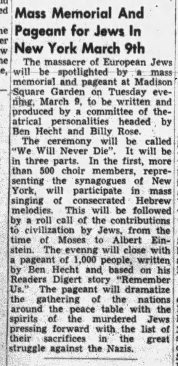 Mass Memorial And Pageant for Jews In New York March 9th