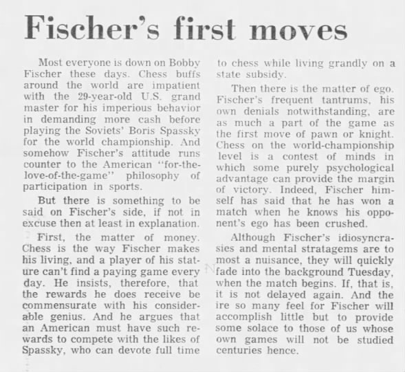 Fischer's First Moves