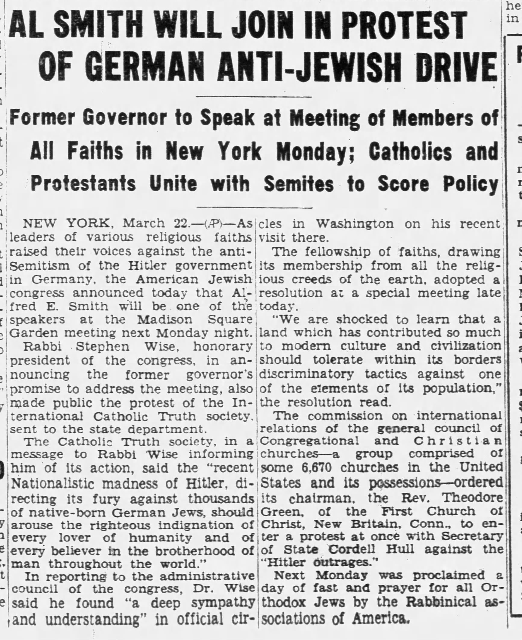 Al Smith Will Join In Protest Of German Anti-Jewish Drive