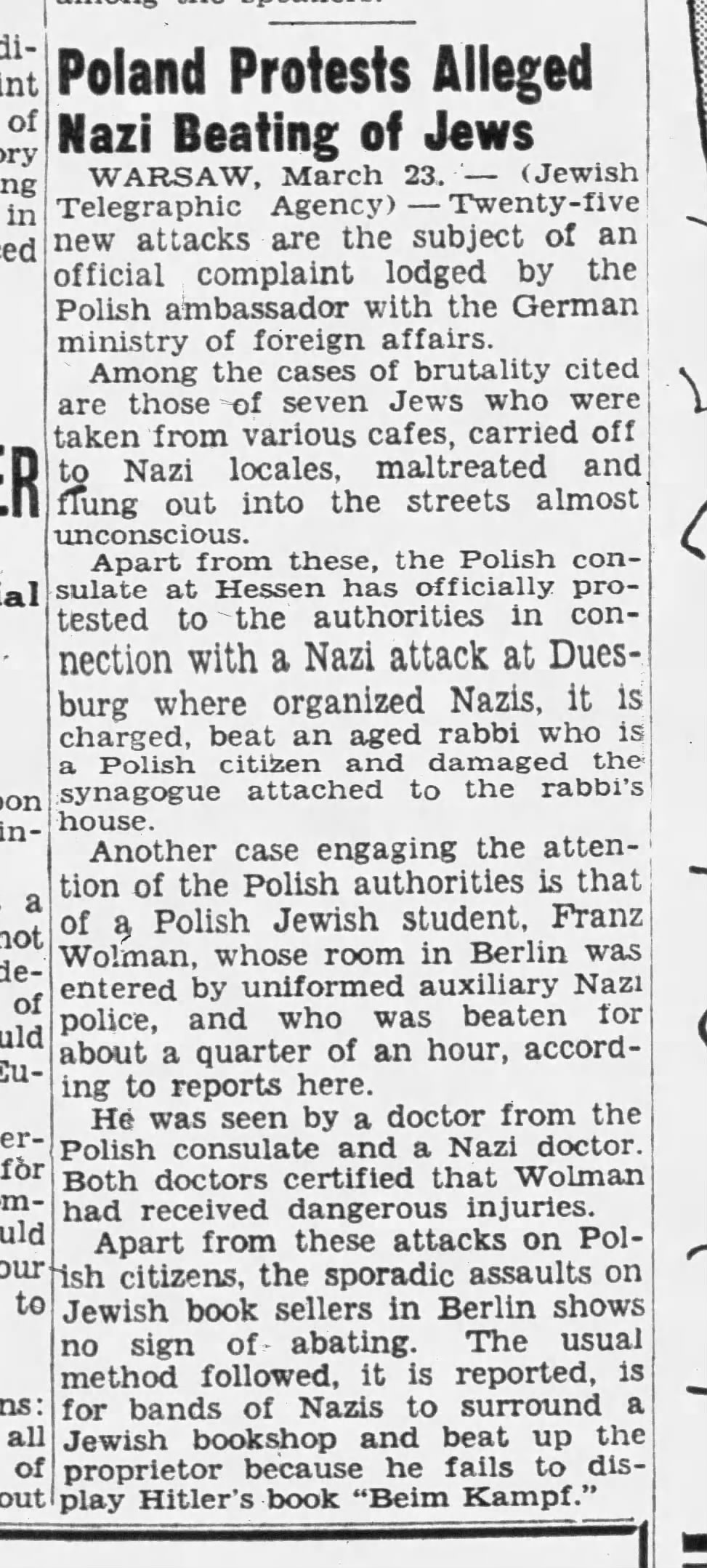 Poland Protests Alleged Nazi Beating of Jews