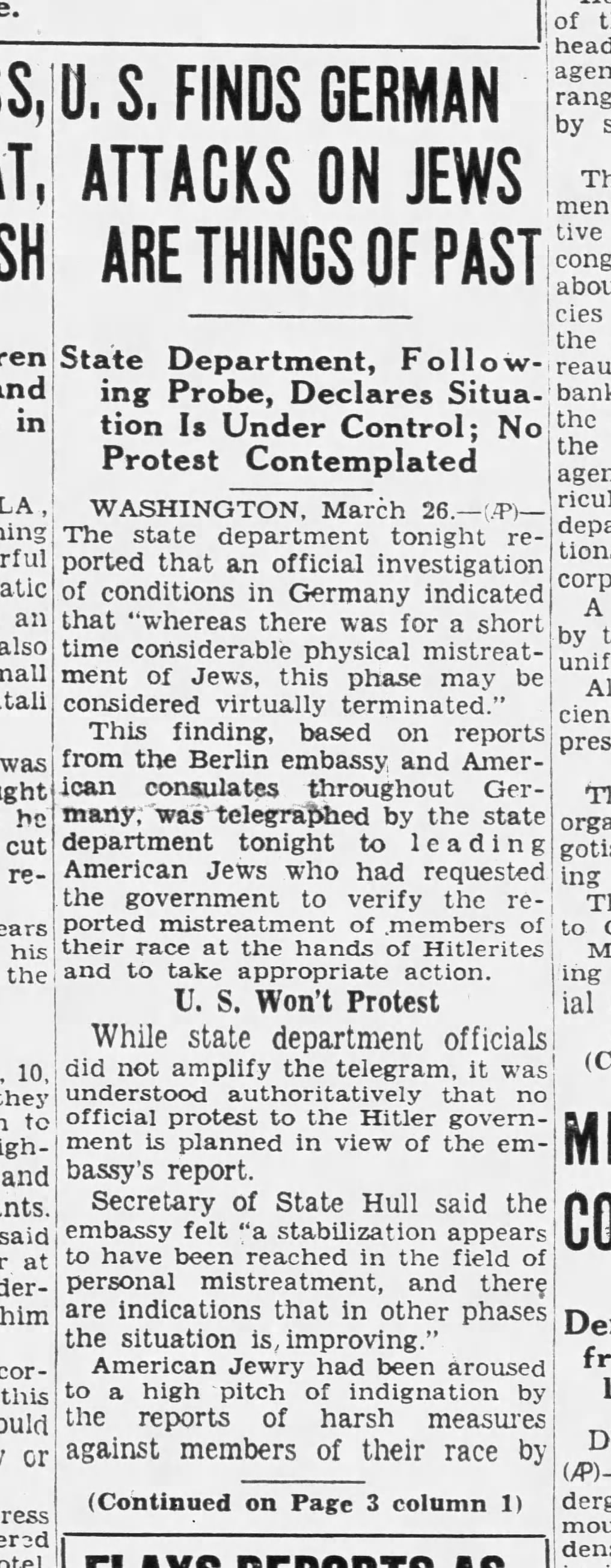 U.S. Finds German Attacks On Jews Are Things Of Past