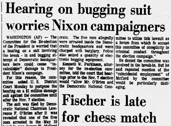 (WATERGATE) Hearing on Bugging Suit Worries Nixon Campaigners