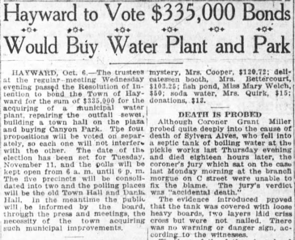 Hayward to Vote $335,000 Bonds
Would Buy Water Plant and Park
Canyon