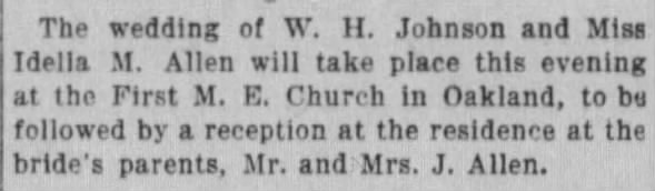 wedding of W. H. Johnson and Miss Idella M. Allen