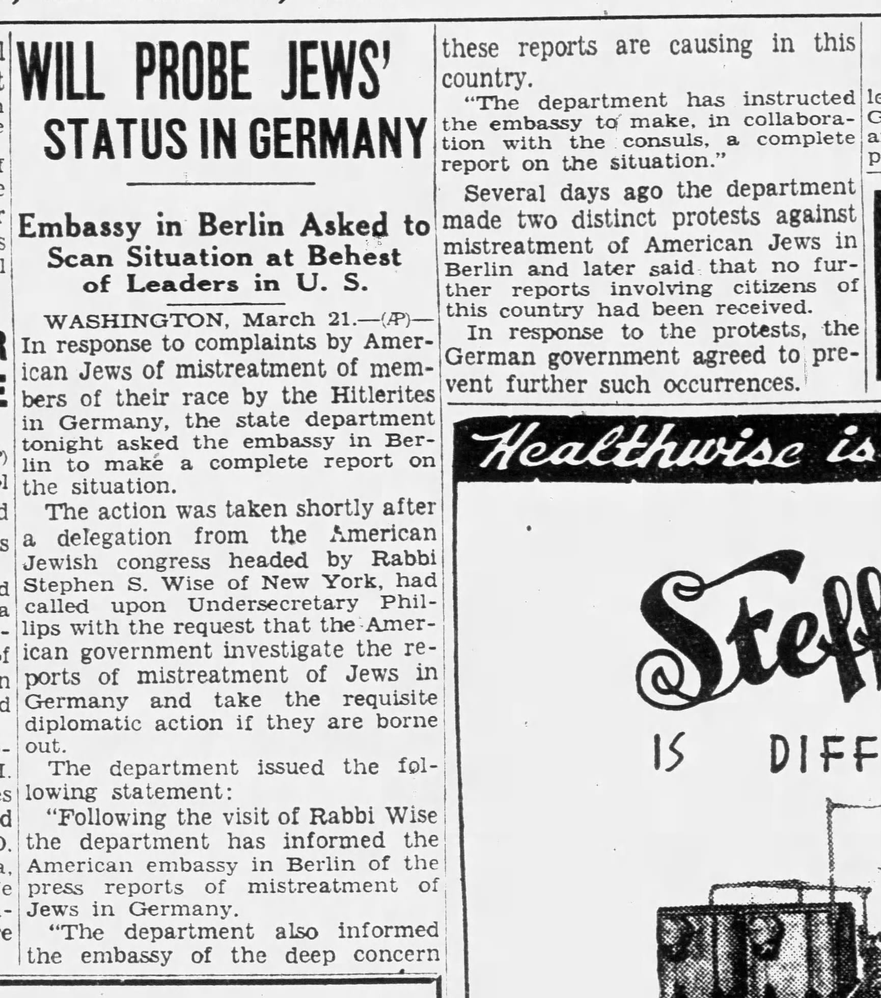 Will Probe Jews' Status In Germany