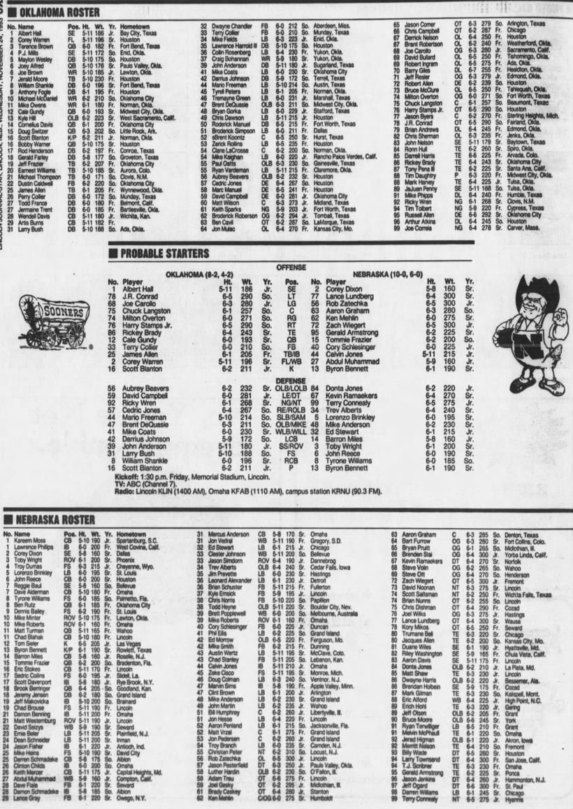 1993 Nebraska-Oklahoma game lineups