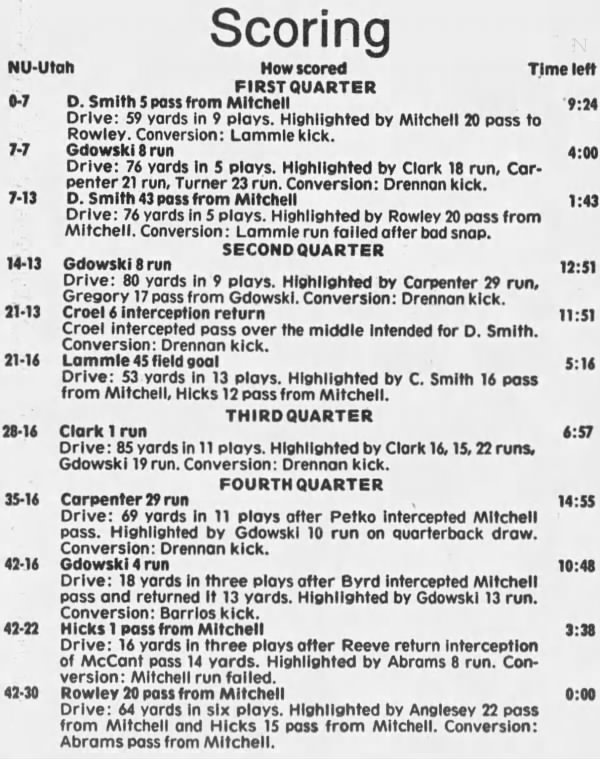 1989 Nebraska-Utah scoring summary