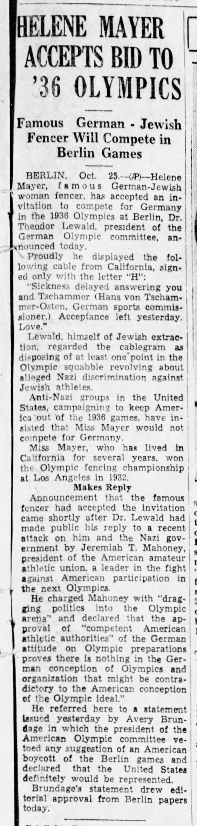 Helene Mayer Accepts Bid To '36 Olympics