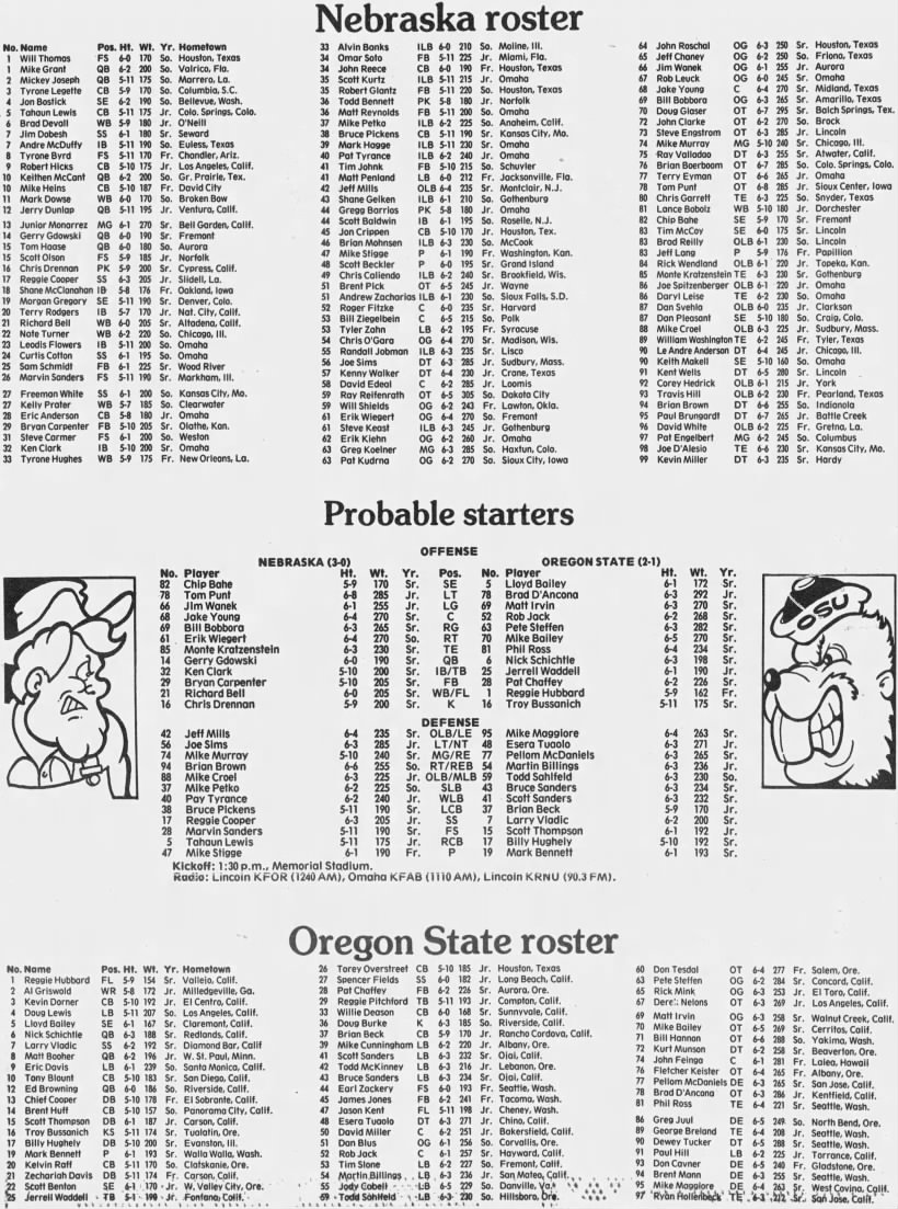 1989 Nebraska-Oregon State lineups