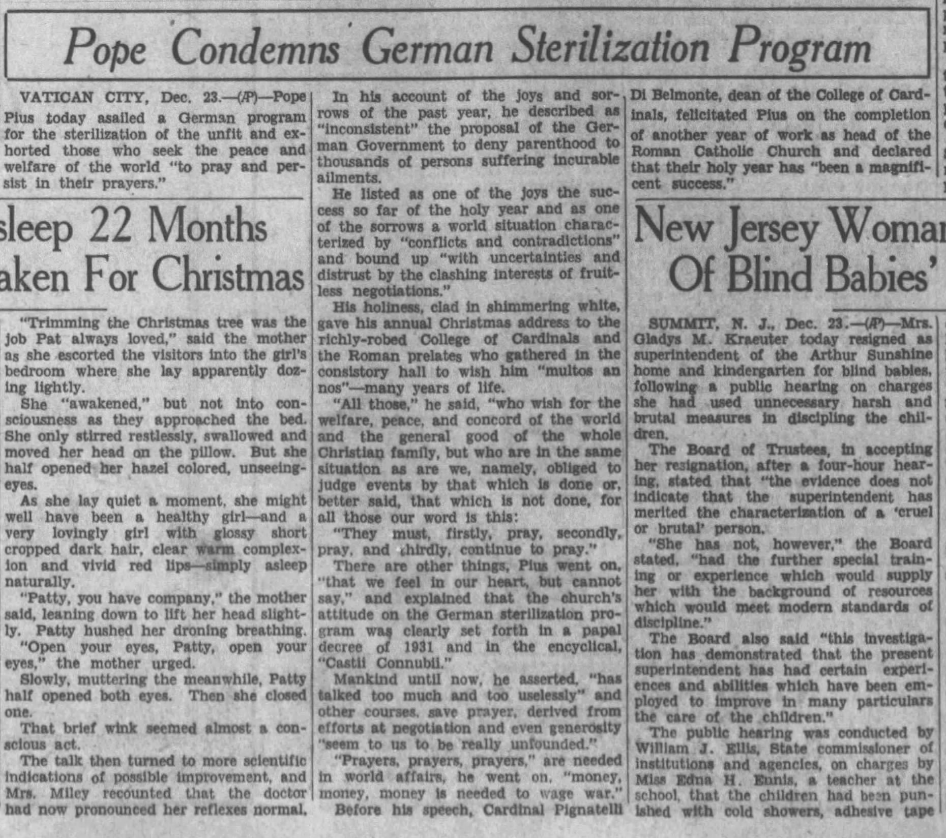 Pope Condemns German Sterilization Program