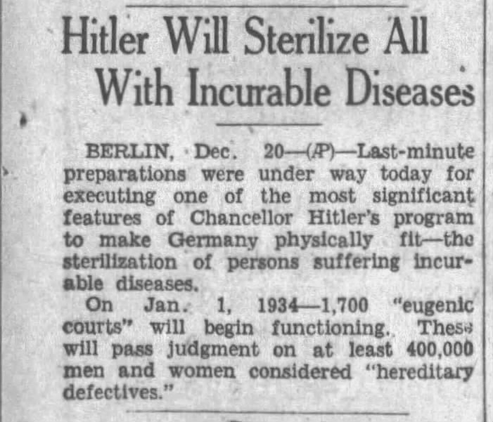 Hitler Will Sterilize All With Incurable Diseases