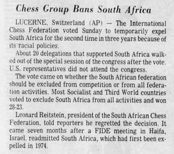 Chess Group Bans South Africa