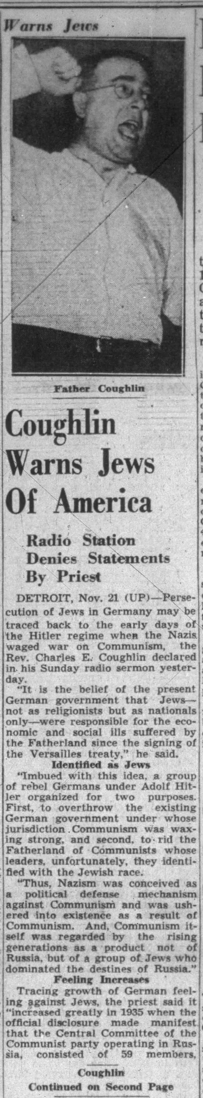 Coughlin Warns Jews Of America