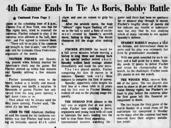 4th Game Ends In Tie As Boris, Bobby Battle
