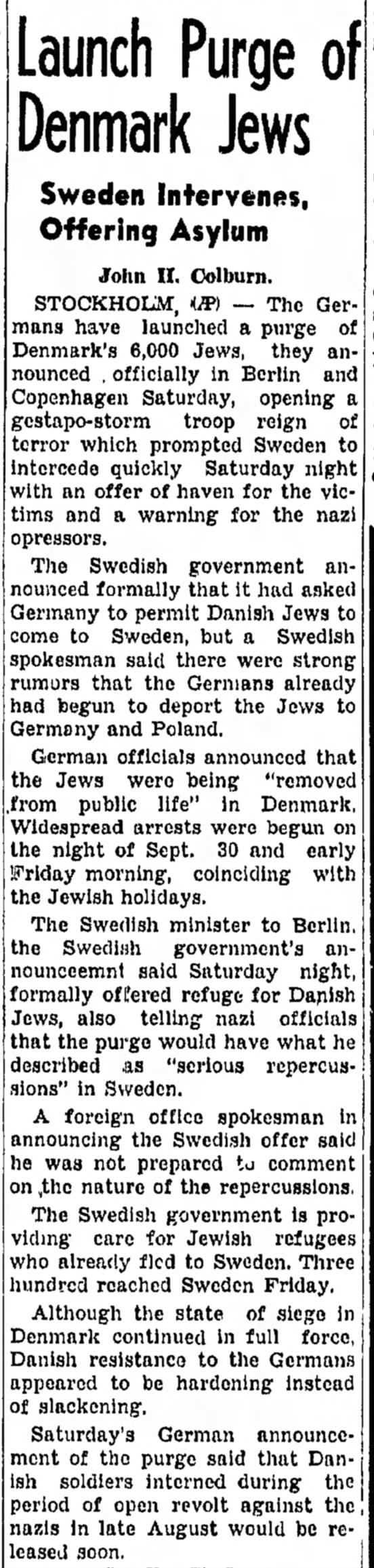 Launch Purge of Denmark Jews