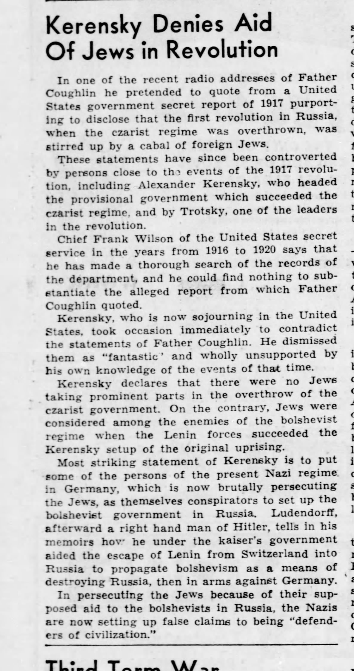 Kerensky Denies Aid Of Jews In Revolution