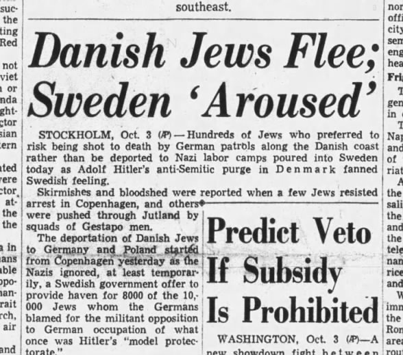 Danish Jews Flee; Sweden 'Aroused'