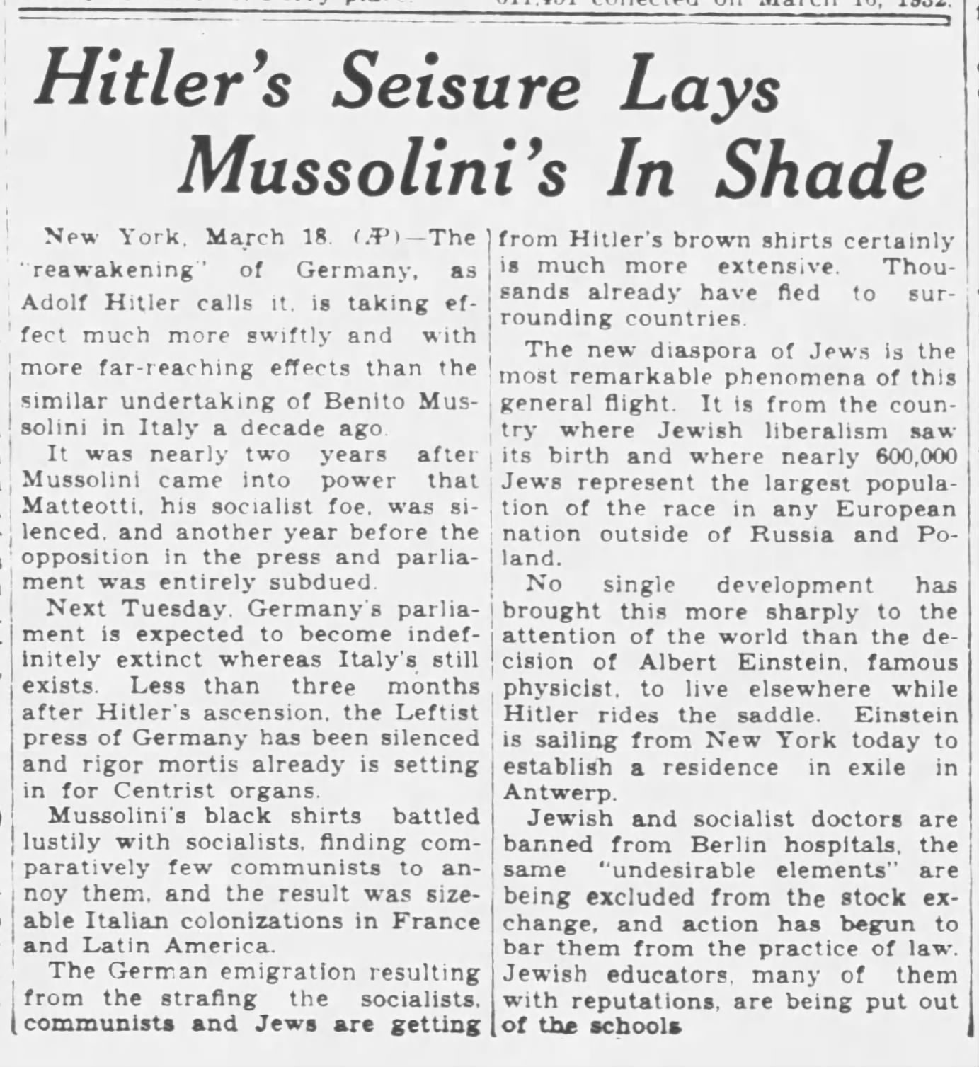 Hitler's Seisure [sic] Lays Mussolini's In Shade