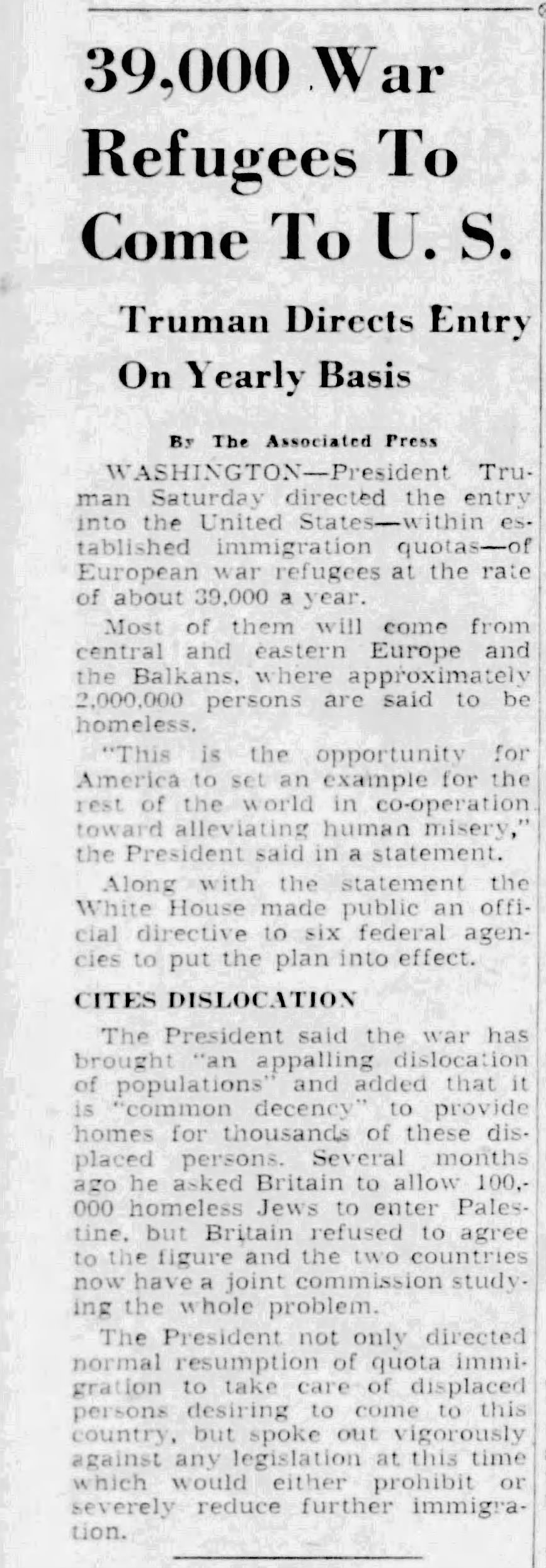 39,000 War Refugees to Come to US