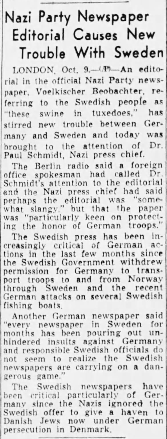 Nazi Party Newspaper Editorial Causes New Trouble With Sweden