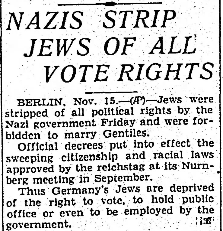 NAZIS STRIP JEWS OF ALL VOTE RIGHTS