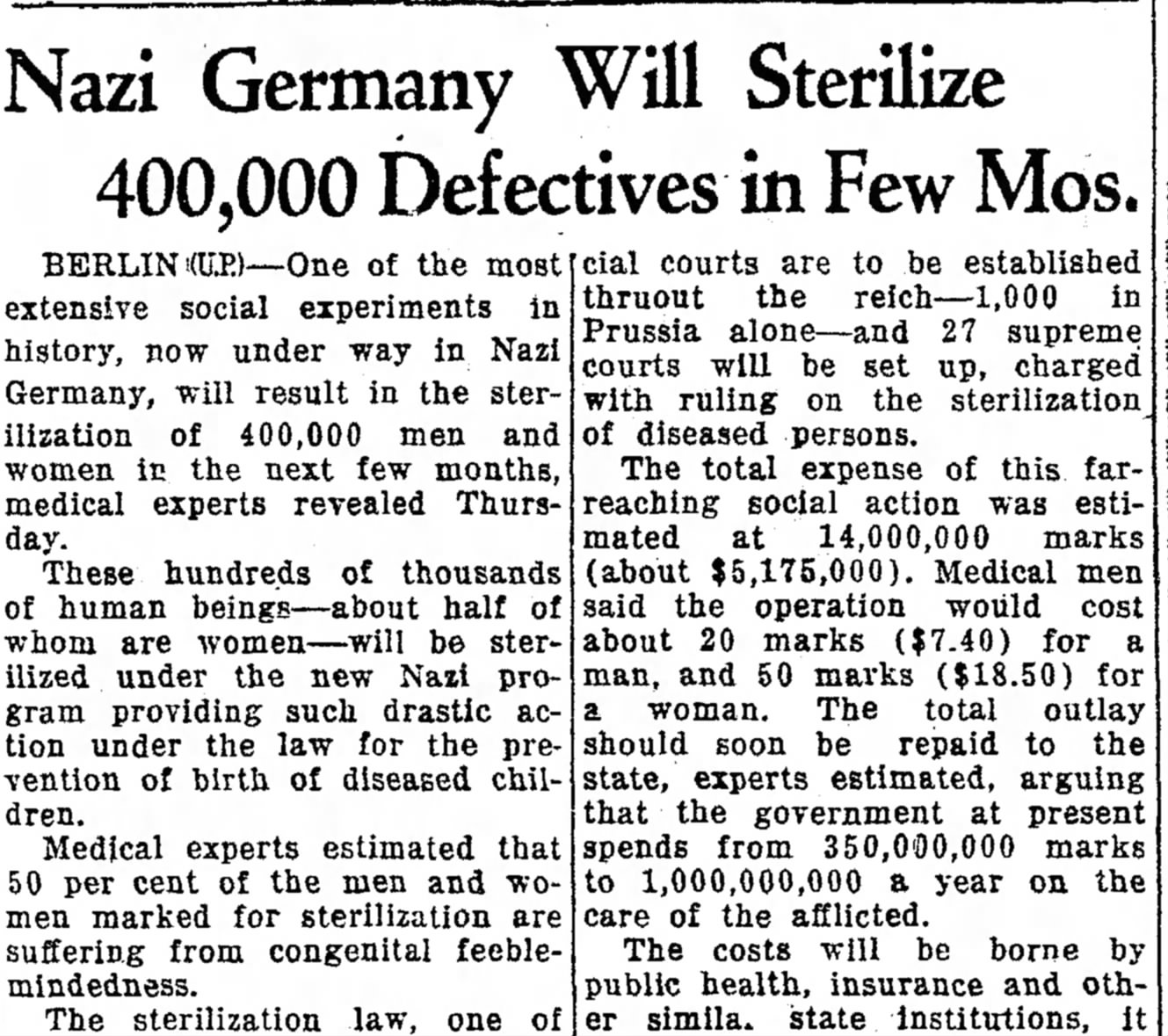 Nazi Germany Will Sterilize 400,000 Defectives in Few Mos.