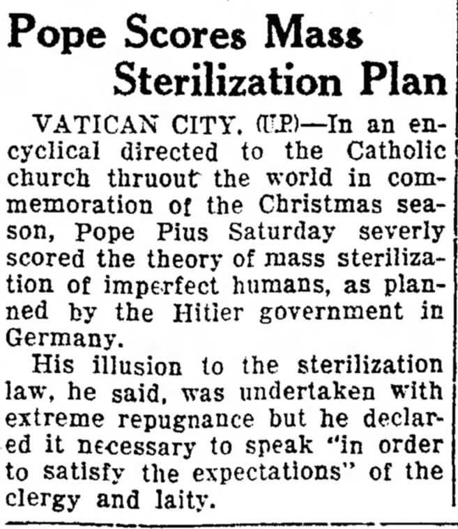Pope Scores Mass Sterilization Plan