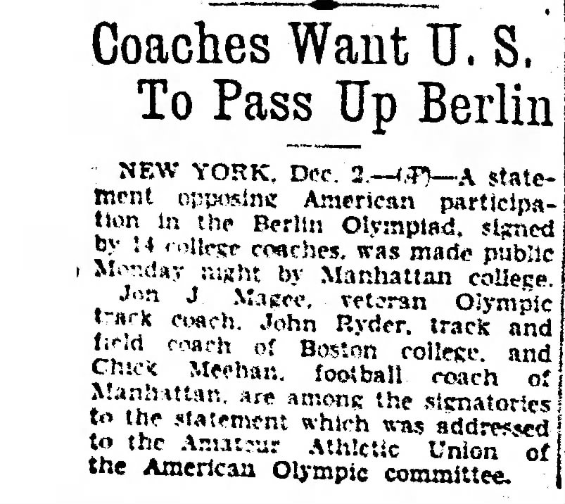 Coaches Want U. S. To Pass Up Berlin