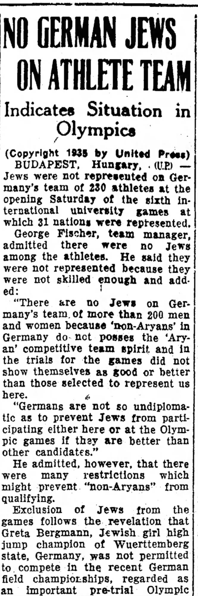 No German Jews on Athlete Team