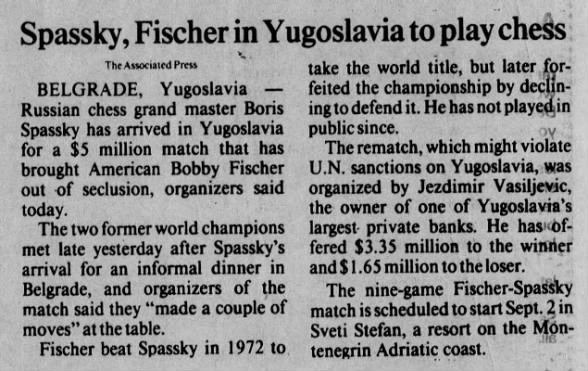 Spassky, Fischer in Yugoslavia to Play Chess
