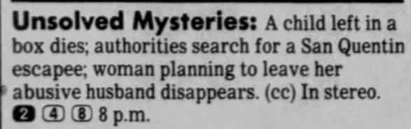 Unsolved Mysteries. Season 1. Episode 6.