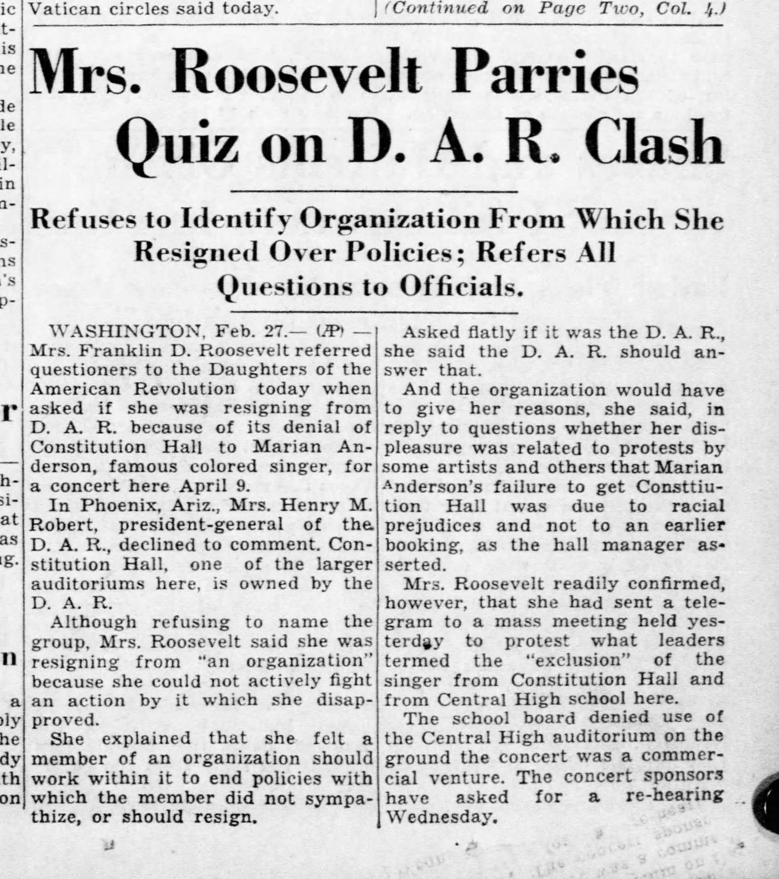 Mrs. Roosevelt Parries Quiz on D.A.R. Clash