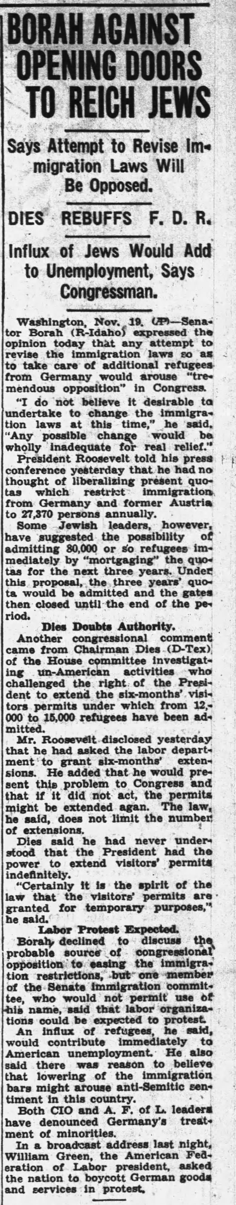 Borah Against Opening Doors To Reich Jews