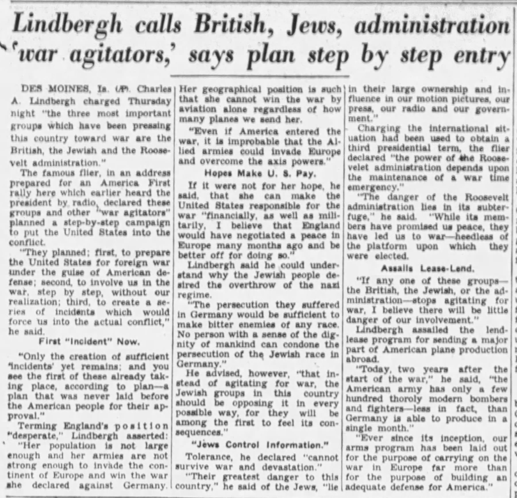Lindbergh Calls British, Jews, Administration 'war agitators,' says Plan Step by Step entry