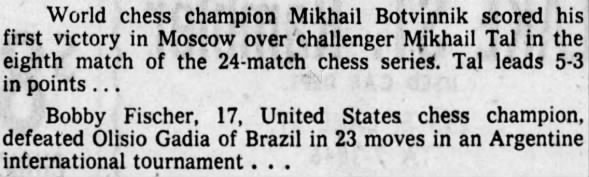 Bobby Fischer Defeats Olisio Gadia of Brazil in 23 Moves