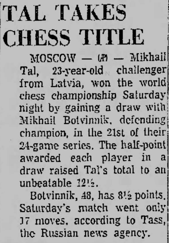 Tal Takes Chess Title