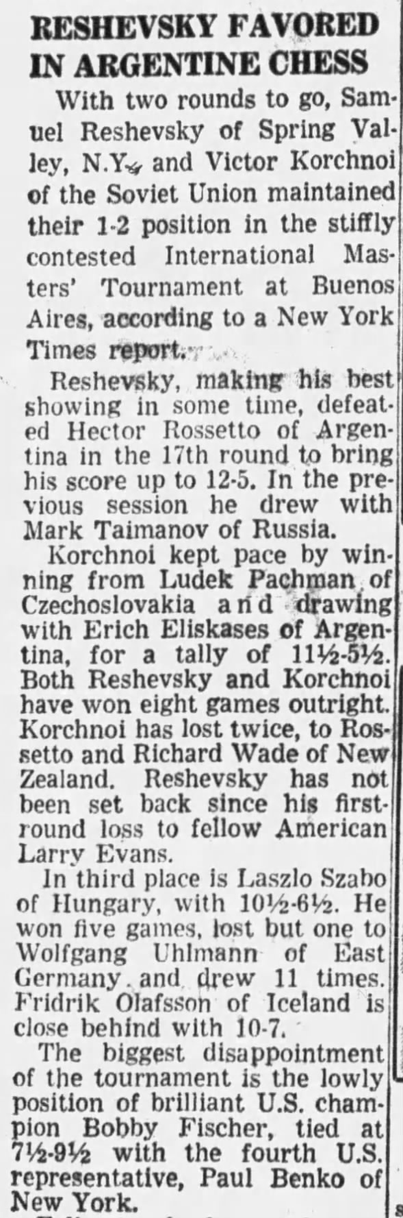 Reshevsky Favored In Argentine Chess