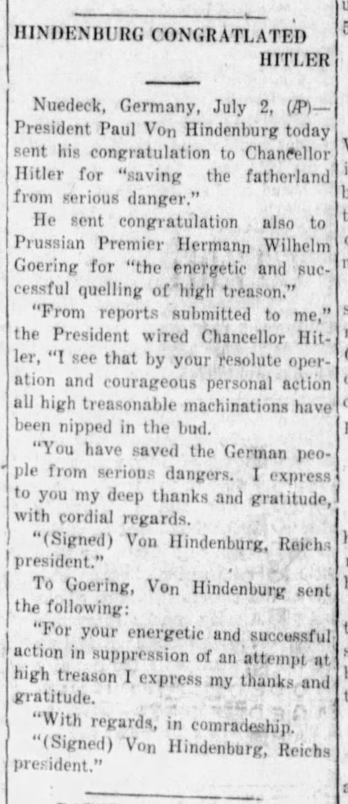 Hindenburg Congratulated Hitler