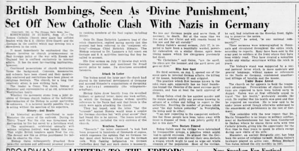 British Bombings, Seen as 'Divine Punishment', Set Off New Catholic Clash With Nazis in Germany