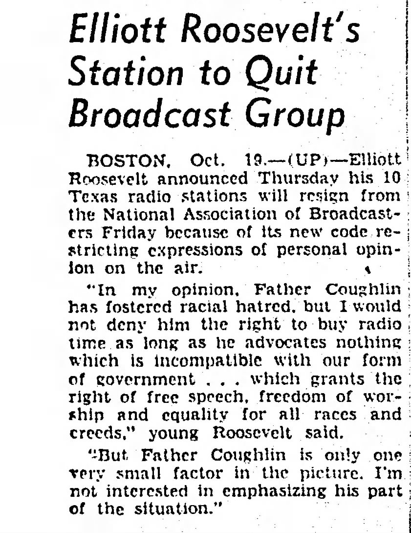 Elliott Roosevelt's Station to Quit Broadcast Group